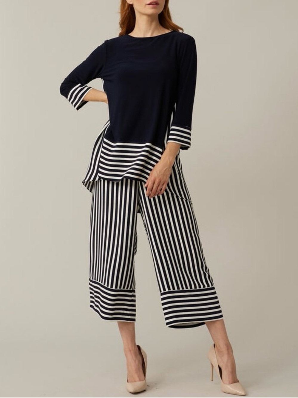 Joseph Ribkoff Midnight Navy Striped Wide Leg Culotte Pants Size 6 Style 221341 - Picture 3 of 12